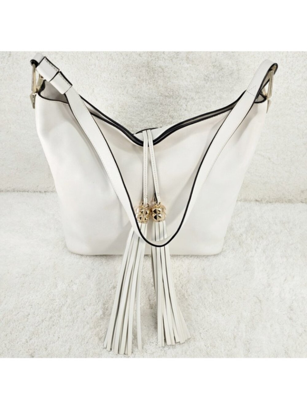 KARL LAGERFELD PARIS White Smooth Leather Hobo Shoulder Bag with Tassel Closure - Picture 15 of 15